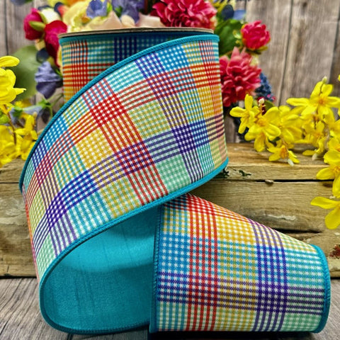 Spring Colorful Plaid on Blue Wired Ribbon - 4" x 10yds
