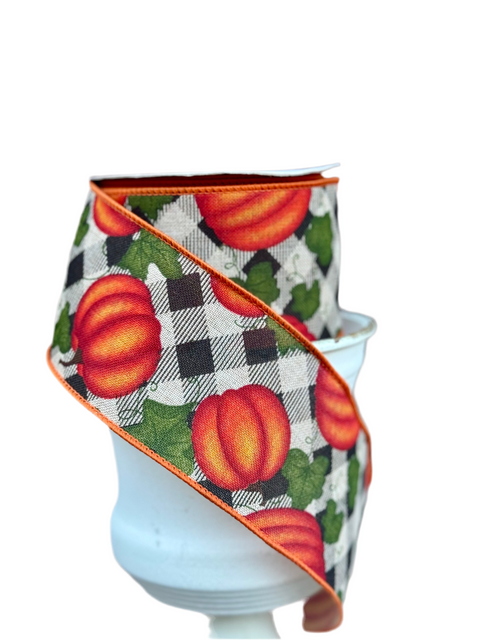 Cream & Black Plaid w/ Pumpkins Wired Ribbon - 2.5” x 10yds