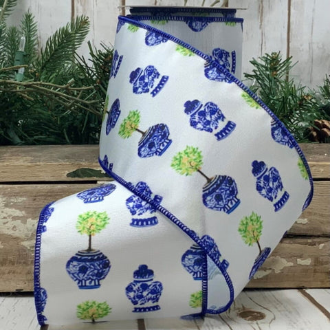 Blue & White Grosgrain Printed Urns Wired Ribbon - 4" x 10yds