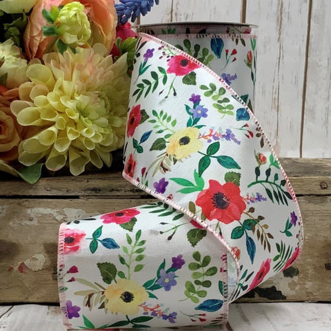 White Grosgrain Colorful Poppy Laurel Wired Ribbon - 4" x 10yds