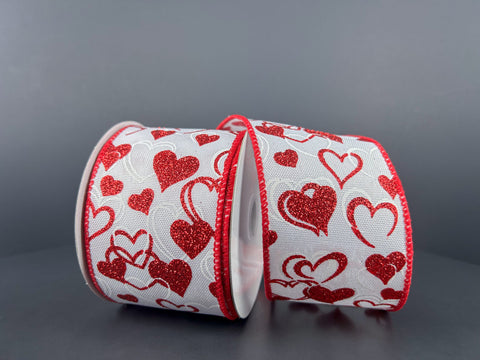 White w/ Red Glitter Hearts Wired Ribbon - 2.5 x 10yds