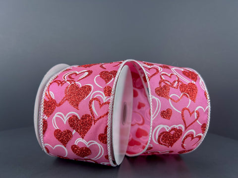 Pink w/ Red & White Glitter Hearts Wired Ribbon - 2.5" x 10yds