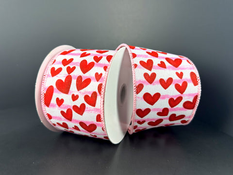 Pink & White Stripes w/ Red Hearts Wired Ribbon - 2.5" x 10yds