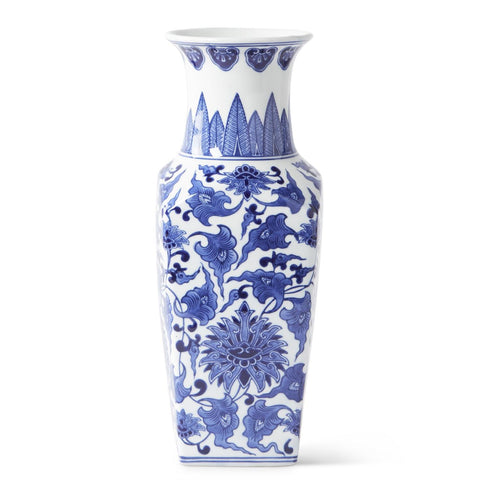 14" Ceramic Blue & White Chinoiserie Square Vase
