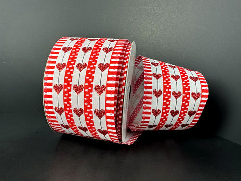 Red & White Stripes w/ Red Glitter Hearts Wired Ribbon - 2.5" x 10yds