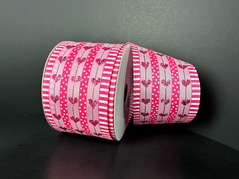 Pink & White Stripes w/ Pink Glitter Hearts Wired Ribbon - 2.5" x 10yds
