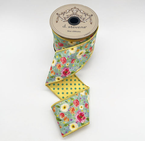 Floral w/ Yellow & Blue Polka Dot Back Wired Ribbon - 2.5" x 10yds