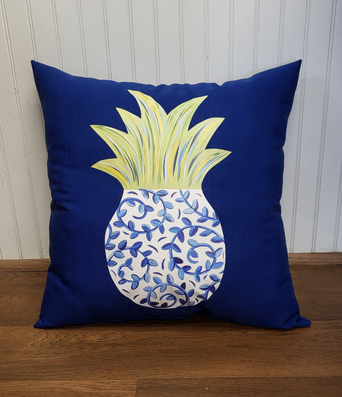 Custom Pillow - Pineapple - Chinoiserie Vines on Royal Blue Outdoor Fabric