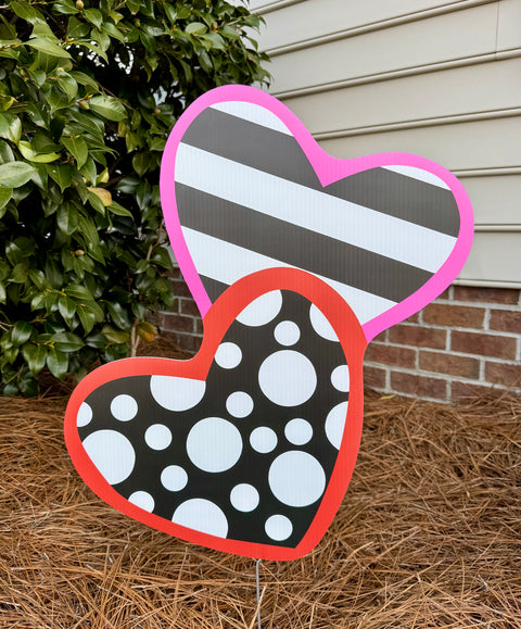Crazy Dots & Stripes Double Heart - Valentine Corrugated Coroplast Yard Stake