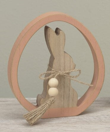 5.91" Wooden Easter Egg with Bunny & Bead accents - Pink/Natural