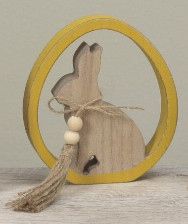 5.91" Wooden Easter Egg with Bunny & Bead accents - Yellow/Natural