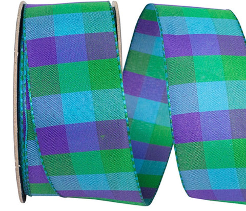 Turquoise, Royal Blue & Green Celine Check Wired Ribbon - 1.5" x 25yds