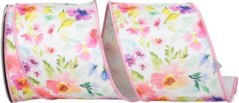 Watercolor Flowers Deluxe Wired Ribbon - 4" x 10yds