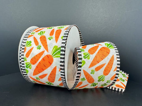White Linen w/ Carrots & Black & White Check Edge Wired Ribbon - 2.5" x 10yds