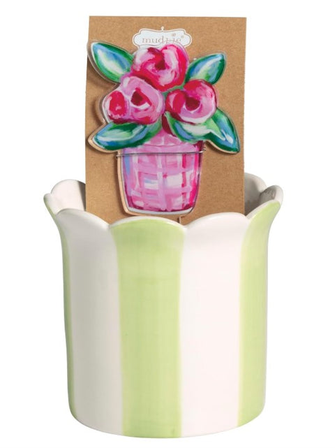 Flower Pot With Plant Stake - Lt Green