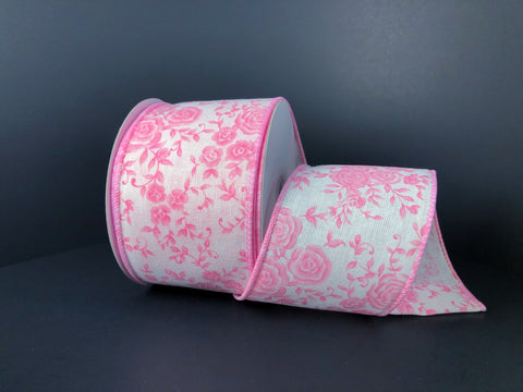 White Linen w/ Pink Roses Wired Ribbon - 2.5" x 10yds