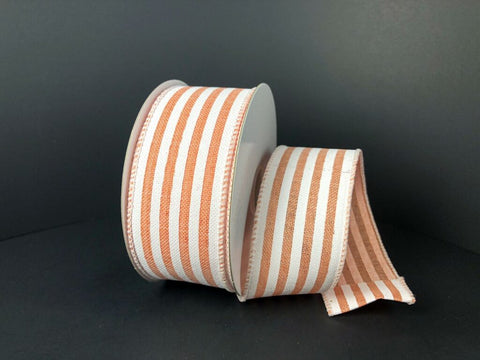 Peach & White Linen Cabana Stripes Wired Ribbon 1.5" x 10yds