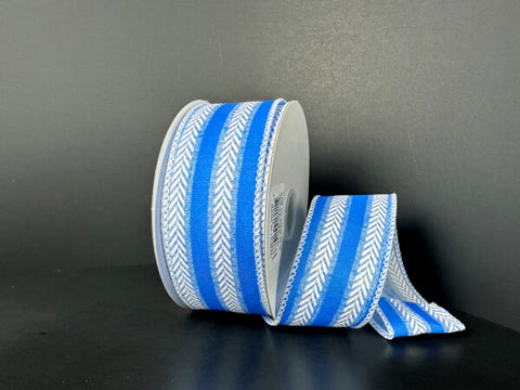 Blue w/ White Herringbone Stripes Wired Ribbon - 1.5" x 10yds