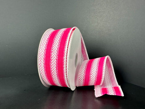 Hot Pink w/ White Herringbone Stripes Wired Ribbon - 1.5" x 10yds