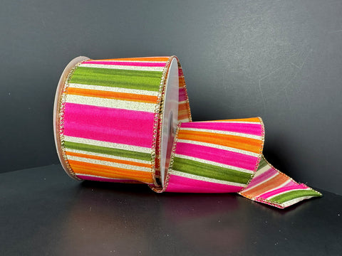 Moss, Orange & Pink Stripes w/ Gold Edge Wired Ribbon - 2.5" x 10yds