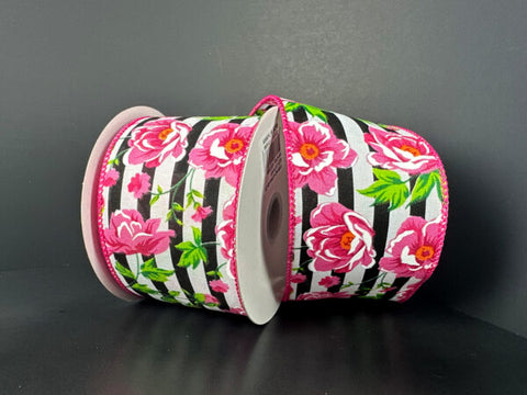 Black & White Cabana Stripes w/ Pink Peonies Wired Ribbon - 2.5" x 10yds