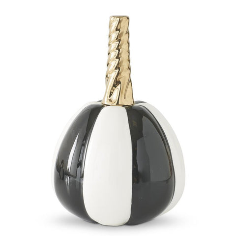 7.25" Black & White Striped Ceramic Pumpkin w/Gold Stem