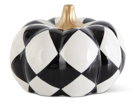 Ceramic Black & White Harlequin Pumpkin w/Gold Stem - Small