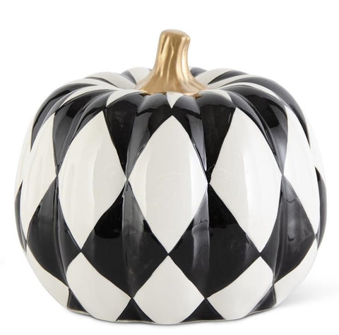 Ceramic Black & White Harlequin Pumpkin w/Gold Stem - Medium