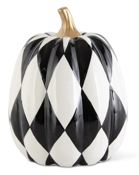 Ceramic Black & White Harlequin Pumpkin w/Gold Stem - Large