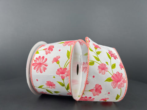 White Satin w/ Blush Flutter Flowers Wired Ribbon - 2.5" x 10yds