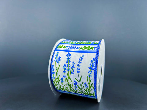 White Satin w/ Blue Floral Wired Ribbon - 2.5" x 10yds