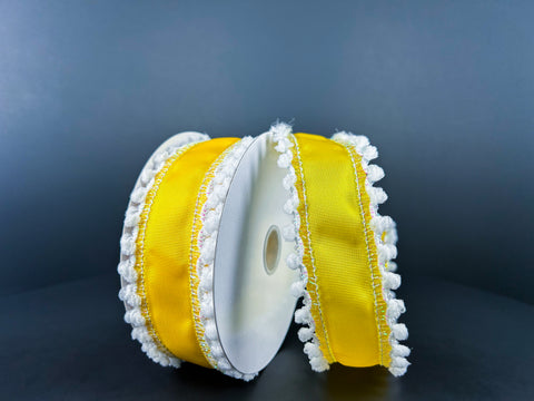 Yellow Satin w/ Snowball Edge Wired Ribbon - 1.5" x 10yds