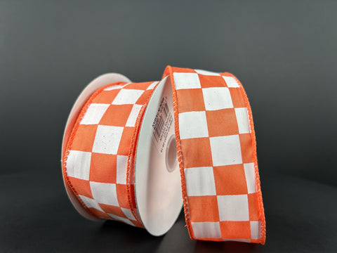 Orange & White Check Wired Ribbon - 1.5" x 10yds