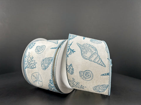 Beach Stamped Icons Cream & Blue Wired Ribbon - 2.5" x 10yds