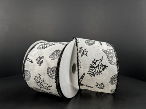 Beach Stamped Icons Cream & Black Wired Ribbon - 2.5" x 10yds