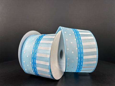Light Blue & White Dots & Stripes Wired Ribbon, 2.5" x 10yds