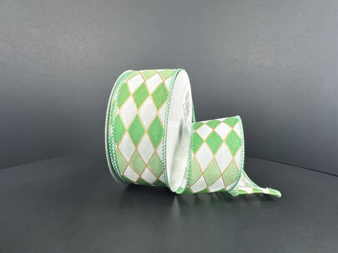 Sage, White & Gold Harlequin Wired Ribbon - 1.5" x 10yds