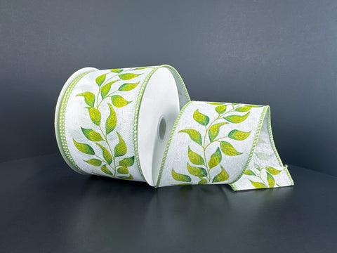 Greenery On White Linen Wired Ribbon -2.5" x 10yds
