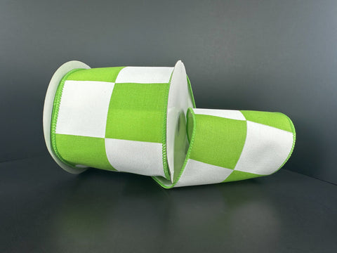 Lime & White Check Wired Ribbon - 4" x 10yds