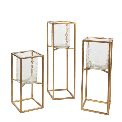 Antique Gold Metal Holder With Textured Glass Cylinder - Set of 3