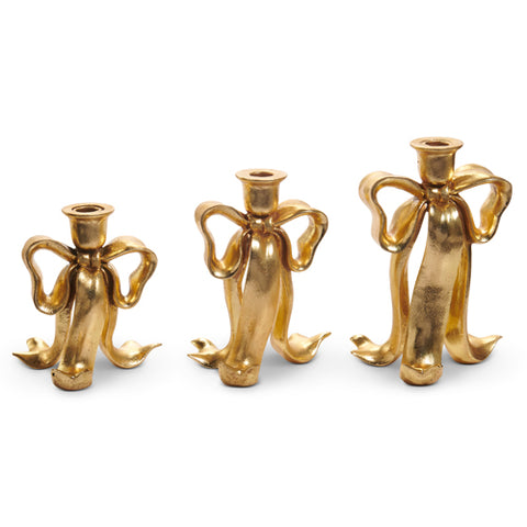 9" Bow Candlesticks - Gold - Set of 3