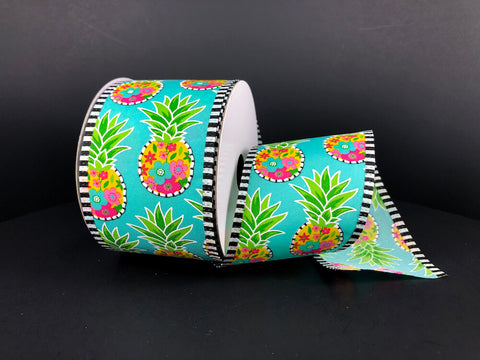 Teal Satin w/ Floral Pineapples Wired Ribbon - 2.5" x 10yds