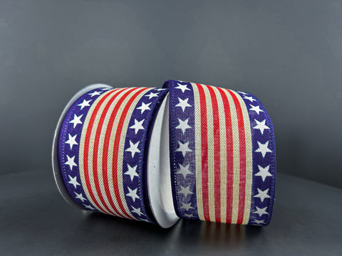 Red & Natural Stripes w/ Blue & White Star Edge Wired Ribbon - 2.5" x 10yds