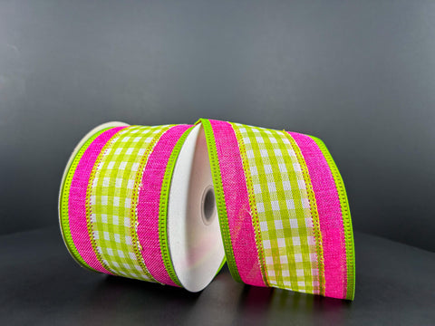 Lime & White Gingham Center w/ Fuchsia Edge Wired Ribbon - 2.5" x 10yds