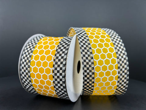 Honeycomb w/ Black & White Checkered Edge Wired Ribbon - 2.5" x 10yds