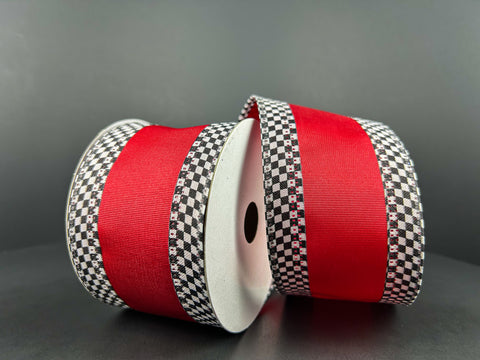 Red w/ Black & White Check Edge Wired Ribbon - 2.5" x 10yds