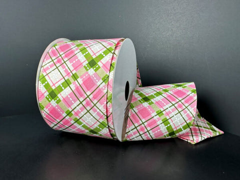 Cream, Light Pink & Moss Plaid Wired Ribbon - 2.5" x 10yds