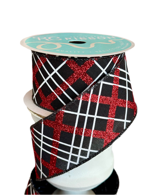 White & Red Glitter Criss Cross on black Burlap Wired ribbon - 2.5” x 10yds