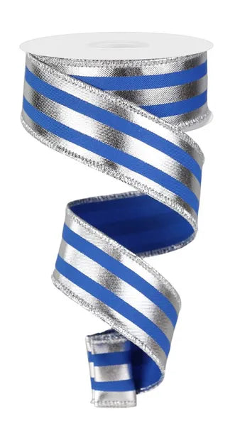 Blue & Silver Metallic Striped Wired Ribbon - 1.5" x 10yds