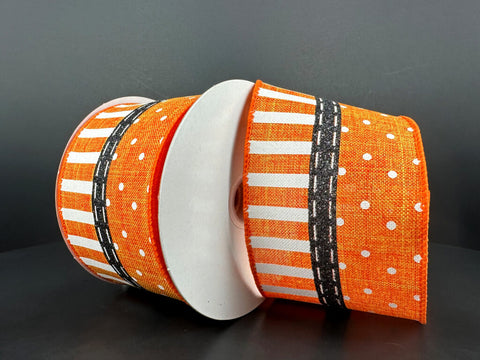 Orange, Black & White w/ Dots & Stripes Fun Wired Ribbon - 2.5" x 10yds